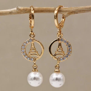 New 18K Yellow Gold Filled Pearl & Clear CZ Eiffel Tower Dangle Drop Earrings - Picture 1 of 8