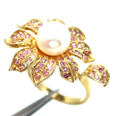 Edelstein 9 MM. Weiße Perle & Rosa Saphir Schmuckring 925 Silber Größe 6.75 - Bild 1 von 4