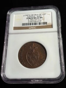 Gran Bretagna 1790 1/2 penny Suffolk Bury D&H-28 NGC MS 62 marrone - Foto 1 di 4