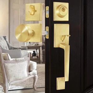 Satin Brass Front Entry Door Handle, Front Door Lock Set with Single Cylinder De - Picture 1 of 7