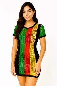 Rasta Mesh Fishnet Mini Dress Reggae Stripe Top Boho Festival Wear for Women - Picture 1 of 9