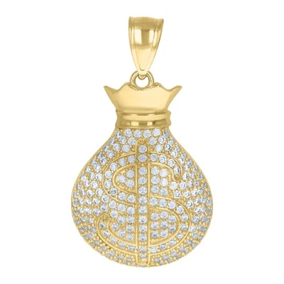 Dije de oro amarillo de 10 quilates redondo circonita cúbica 1,35" helado signo de dólar grueso bolsa de dinero colgante Foto 1 de 3