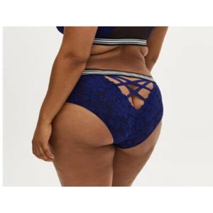 NWT Torrid Black Mesh & Sapphire Blue Lace Stripe Lattice Hipster Panty SZ 4 - Picture 1 of 3