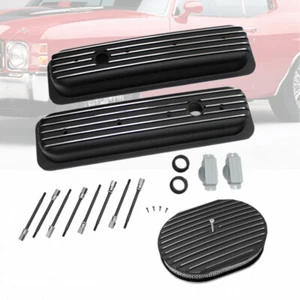 Short Finned Center Bolt Valve Covers Fit SBC 350 87-up w/ 12" Air Cleaner BK - Picture 1 of 8