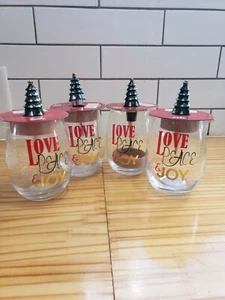 Set of 4 Christmas Stemless Wine Glass w/ Tree Bottle Stopper Love Peace & Joy - Picture 1 of 4