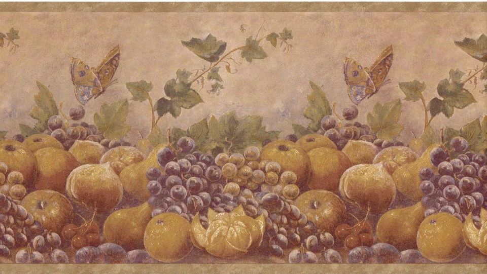 Toscana Toscana Cocina Fruta Uva Mariposa Hiedra Hoja Marrón Papel Pared Borde Foto 1 de 1