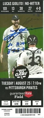 Boleto autografiado sin bateador Lucas Giolito 25/08/20 ¡Mejas Blancas de Chicago! Fanáticos Foto 1 de 2