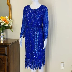 Vtg Scala Asymmetrical Silk Evening  Wedding Guest Sequins Royal Blue Paris Sz S - Picture 1 of 9