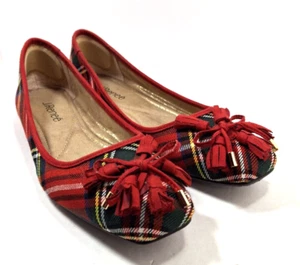 Red Plaid J. Renee Red Tassel Bow Flats Size 9M Preowned - Picture 1 of 7