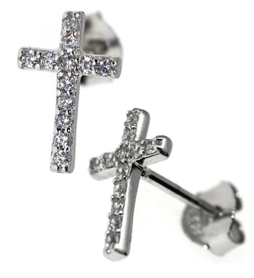 orecchini croce argento 925 zirconi bianchi brillanti pavè 11x7,5 uomo donna - Immagine 1 di 4