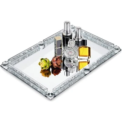 Crystal Glass Tray, Modern Mirror Jewelry Dresser Trinket Trays with Crushed ... - Image 1 of 4