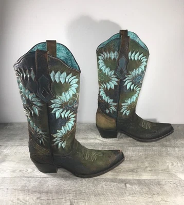 Botas vaqueras occidentales Corral 3879 con incrustaciones de cuero turquesa punta corta para mujer 9 Foto 1 de 4