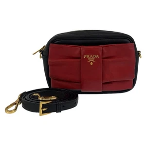 PRADA Ribbon motif Diagonal Sholder bag Pochette Black Red Gold Hardware leather - Picture 1 of 8