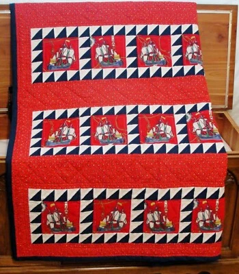 Twin Size Nautical Theme Red White Blue Quilt 100% Cotton Handcrafted Patchwork - Image 1 of 4