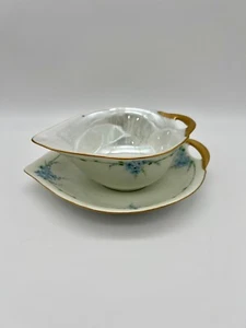 ANTIQUE Lusterware Gravy Sauce Boat Under plate Forget Me Not Bavaria Gold Rim - Picture 1 of 16