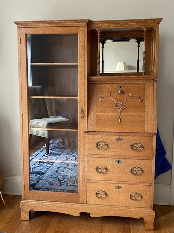 Antique Oak Side by Side Secretary Desk Bookcase w/ Glass Door Cover