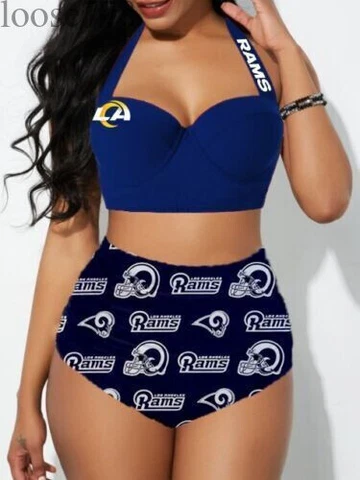 Los Angeles Rams Women's 2PCS Bikini Set Push Up Swimsuit Beach Halter Swimwear Cover