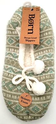 Born Sherpa Lined Soft Sole Knit Slipper Bootie Fair Isle Green Women's S/M NWT - Image 1 of 4