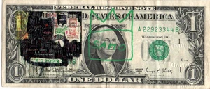 Jean Michel Basquiat  1 Dollarnote Original SIGNIERT + SKIZZIERT + US - Stempel - Bild 1 von 4