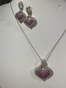 Sterling Silver 925 Prong Set Lab Made Ruby Cluster Heart Pendant W PB Earrings - Picture 1 of 9