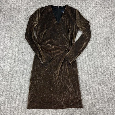 Vestido Tommy Hilfiger Mujer 2 Pequeño Marrón Metálico Manga Larga Brillante Fiesta Foto 1 de 4
