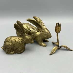 Pair Vintage Brass Bunny Rabbit Sculptures Paperweight Figurine 3.5” Mid Century - Picture 1 of 16