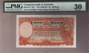 Australia Pick#21 R-11.(1936) 10 Shillings Riddle/Sheehan Geo V PMG 30 Very Fine