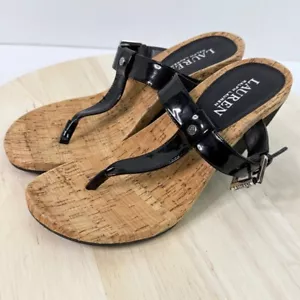 Ralph Lauren Women's Roseanne BLACK Sandal Wedge Thong Shoes 7.5B - Picture 1 of 15