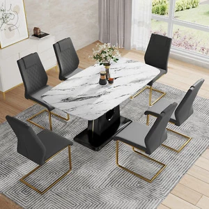 Dining Table Set for 6 Faux Marble 63" Rectangular Glass Table +6 Gray PU Chairs - Picture 1 of 12
