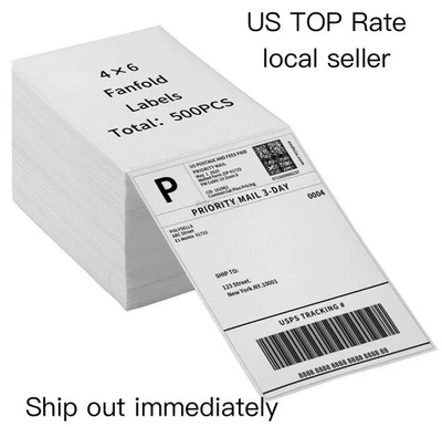 POLYSELL 4"x6" Fanfold Direct Thermal Shipping Labels for Zebra and Rollo 500 PCS