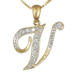 LETRA ""V"" SCRIPT DIAMANTE INICIAL ORO AMARILLO 14K TAMAÑO REGULAR - Imagen 1 de 1