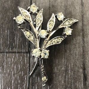 Pin Brooch Flower Bouquet Silver Colour Metal Clear Glass Paste Vintage 