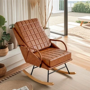 Rocking Chair Leather Upholstered Single Sofa High Back Armchair Padded Seat NEW - Picture 1 of 26