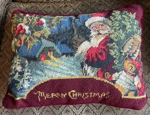 Nadelkissen Weihnachtsmann mit Spielzeug Frohe Weihnachten verschneite Nacht 15x10 Vintage - Bild 1 von 7