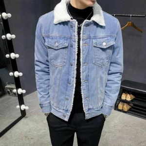 Chaqueta de mezclilla de lana de invierno coreana para hombre Jeans Chal Cuello Abrigo Informal Azul Prendas para el torso - Imagen 1 de 16