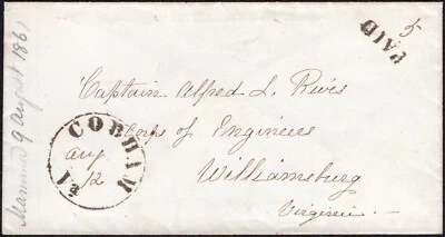 CSA Cobham, Virginia CDS 12 DE AGOSTO (1861) con PAGADO 5 a Capt Rives, Cuerpo de Ingenieros Foto 1 de 2
