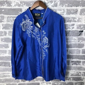 Bob Mackie Top Women 1X Wearable Art Blue Button Embroidered Collar Blouse Shirt - Picture 1 of 11