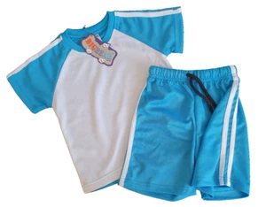 BNWT Boys Size 3 Cute White & Medium Blue Stretch Sports Tee Shirt & Shorts Set - Picture 1 of 1