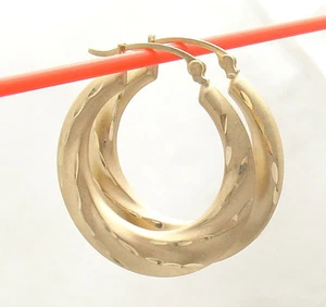 Unique Graduated Diamond Cut Satin Finish Hoop Earrings REAL 10K Yellow Gold - Picture 1 of 4
