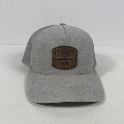 RVCA Adjustable Mesh Snapback Trucker Hat Cap Gray Brown Leather Patch Logo - Image 1 of 4