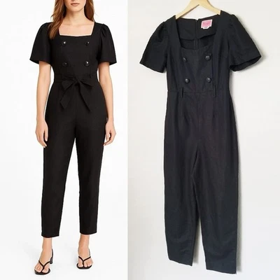 Kate Spade Linen Blend Twill Black Jumpsuit Size 2 Double Breasted Button $328 - Image 1 of 4