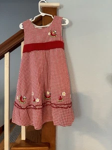 Vintage BT Kids Red Gingham Seersucker Dress 5 Floral Watermelon Bees bug fruit - Picture 1 of 5