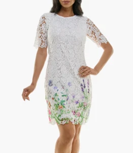 Nina Leonard Floral Border Elbow Sleeve Lace Sheath Dress new medium QVC bxc - Picture 1 of 8