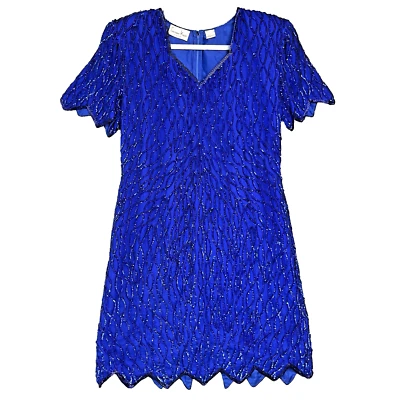 Vestido vaquero vintage Laurence Kazar New York para mujer PL azul lentejuelas cuentas Foto 1 de 4