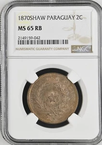 1870 Paraguay 2 Centésimos Shaw NGC MS65 RB - Picture 1 of 2