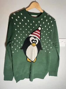 Cute Novelty Christmas Jumper Unisex Primark Penguin Design Green Retro Size M - Picture 1 of 24