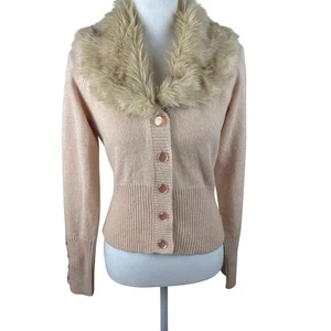 Cardigan SARSAPARILLA ANTHROPOLOGIE collo pelliccia angora misto lana blush rosa L CE - Foto 1 di 10