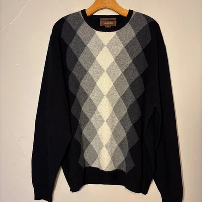 Suéter Tasso Elba Para Hombres XXL 100% Cachemira Argyle Negro Gris Crema Cuello Redondo Foto 1 de 4