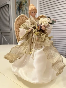 "Arpa floral dorada blanca adorno árbol de Navidad ángel vintage 12""" - Imagen 1 de 7