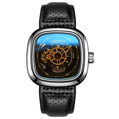 Reloj mecánico automático cuadrado de moda para hombre esfera esqueleto cuero genuino Foto 1 de 4